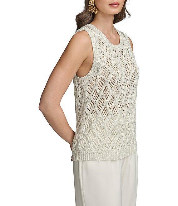 Donna Karan Open Knit Diamond Pattern Crew Neck Sleeveless Tank Product Image