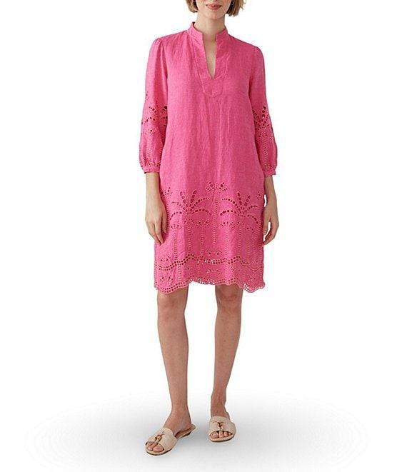 J.McLaughlin Woven Eyelet Split V-Neck 3/4 Sleeve Dress Product Image