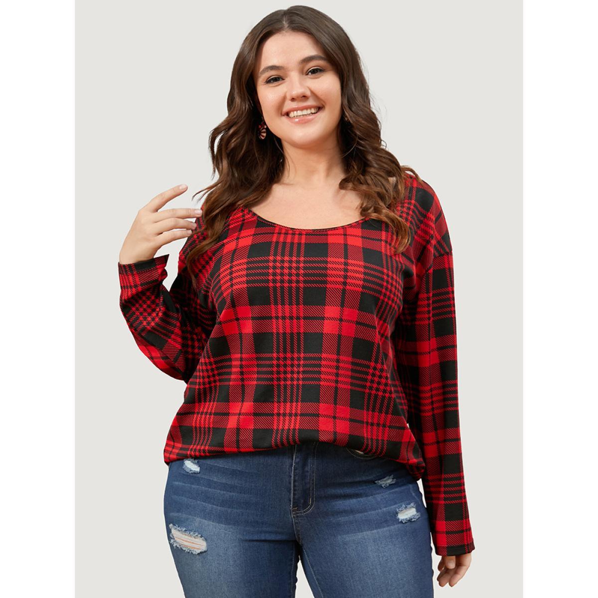 Plus Size Plaid Round Neck Bell Sleeve Sweatshirt Women Scarlet Elegant Round Neck Dailywear Sweatshirts BloomChic 26/4X Product Image