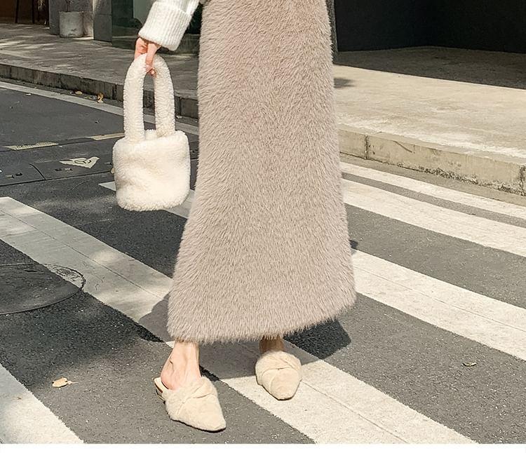 High Rise Plain Fluffy Knit Midi H-Line Skirt Product Image