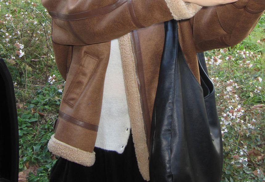 Stand Collar Faux Shearling Zip Jacket Product Image