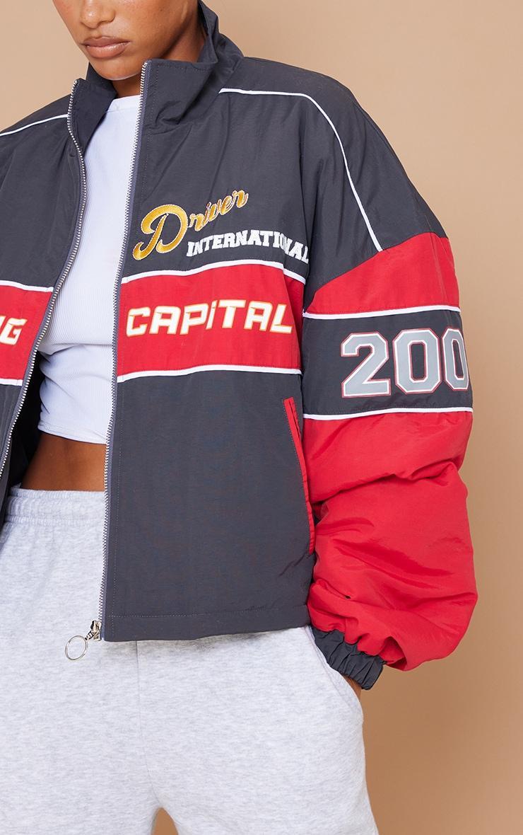 Red Oversized Graphic Zipped Racer Bomber Jacket Product Image