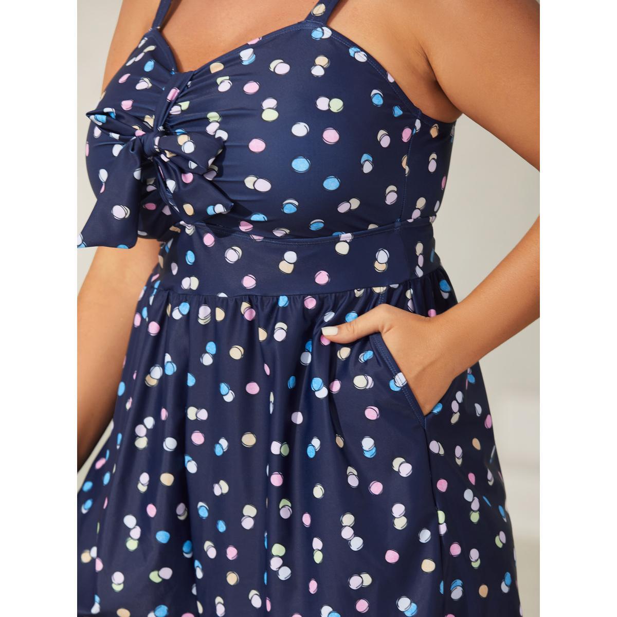 Plus Size Polka Dots Pockets One-Piece Swimsuit Women's Swimwear Mediumblue Beach Tie knot Curve Bathing Suits High stretch One Pieces BloomChic 18-20/2X Product Image