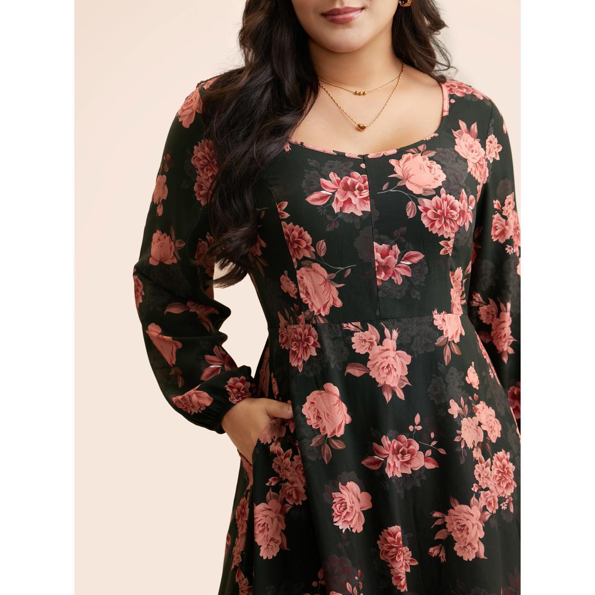 Plus Size Floral Lantern Sleeve Shirred Pocket Dress Black Women Elegant Shirred Boat Neck Long Sleeve Curvy BloomChic 14-16/1X Product Image