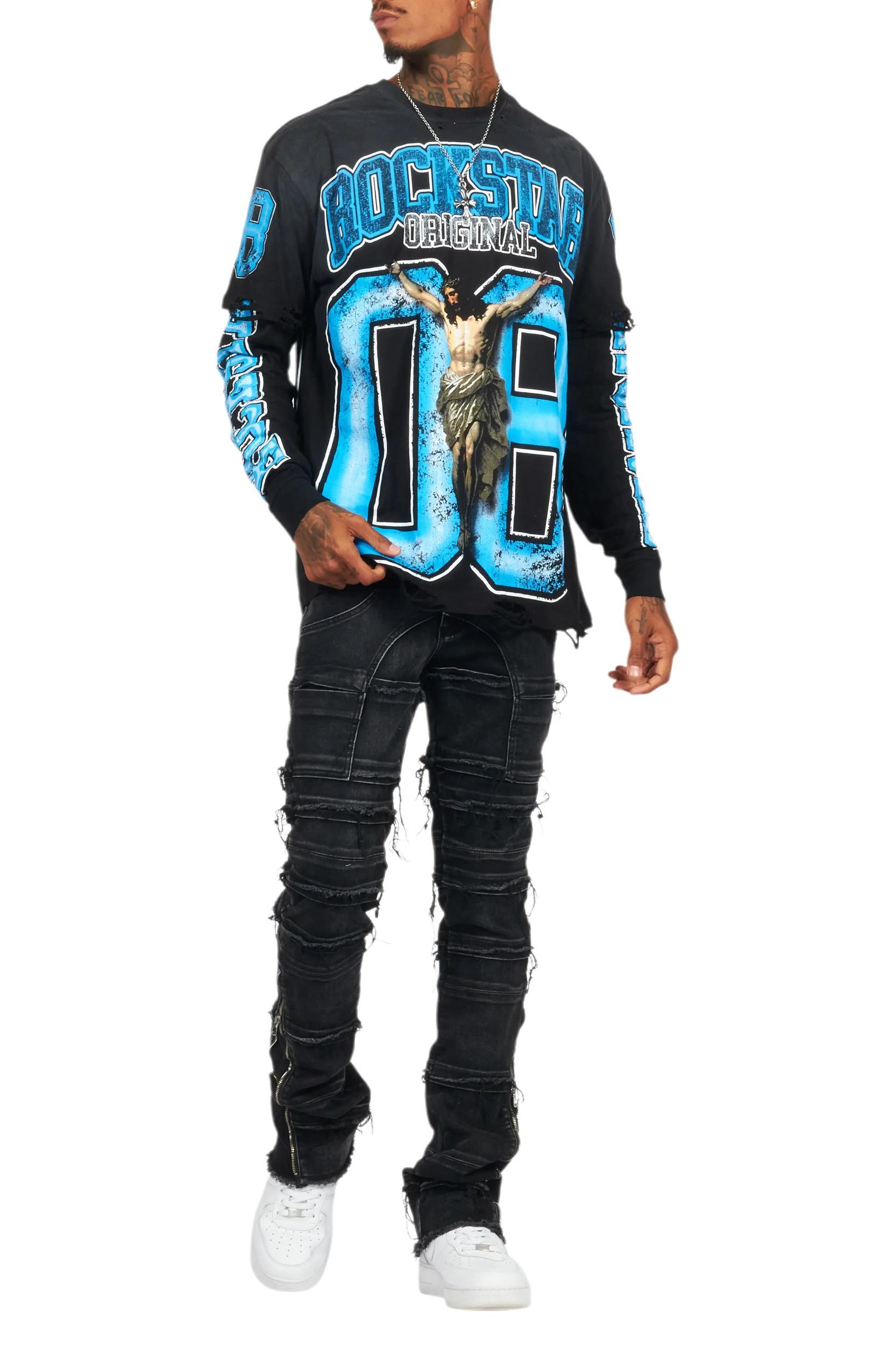 Fields Black/Blue Double Layer Long Sleeve Graphic T-Shirt Male Product Image