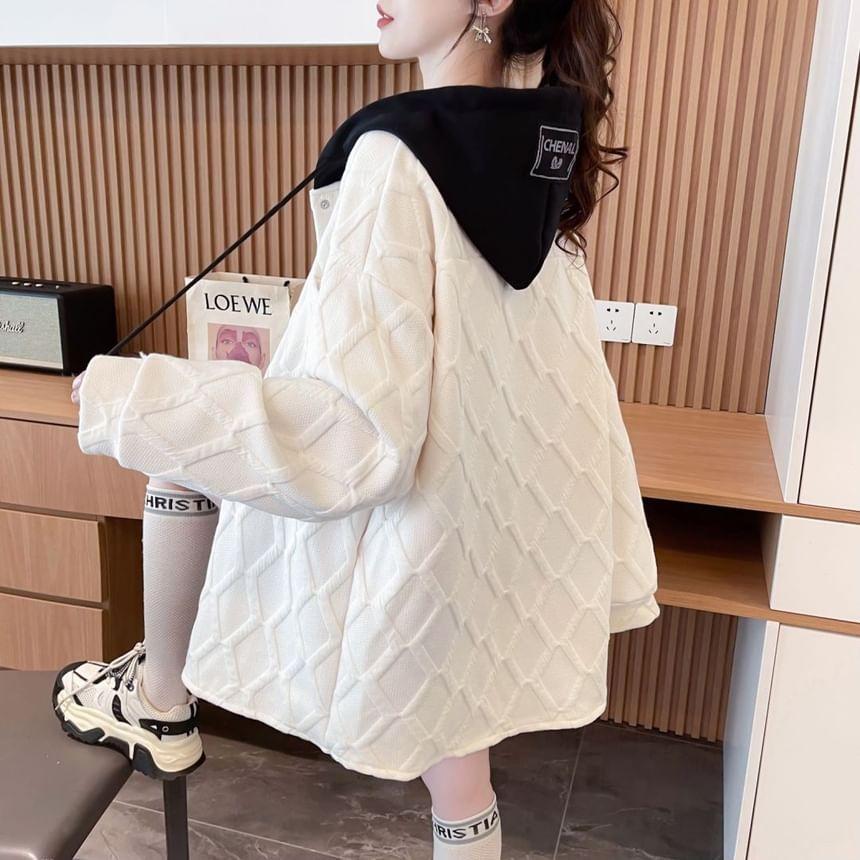 Two Tone Drawstring Hooded Button Jacket Product Image