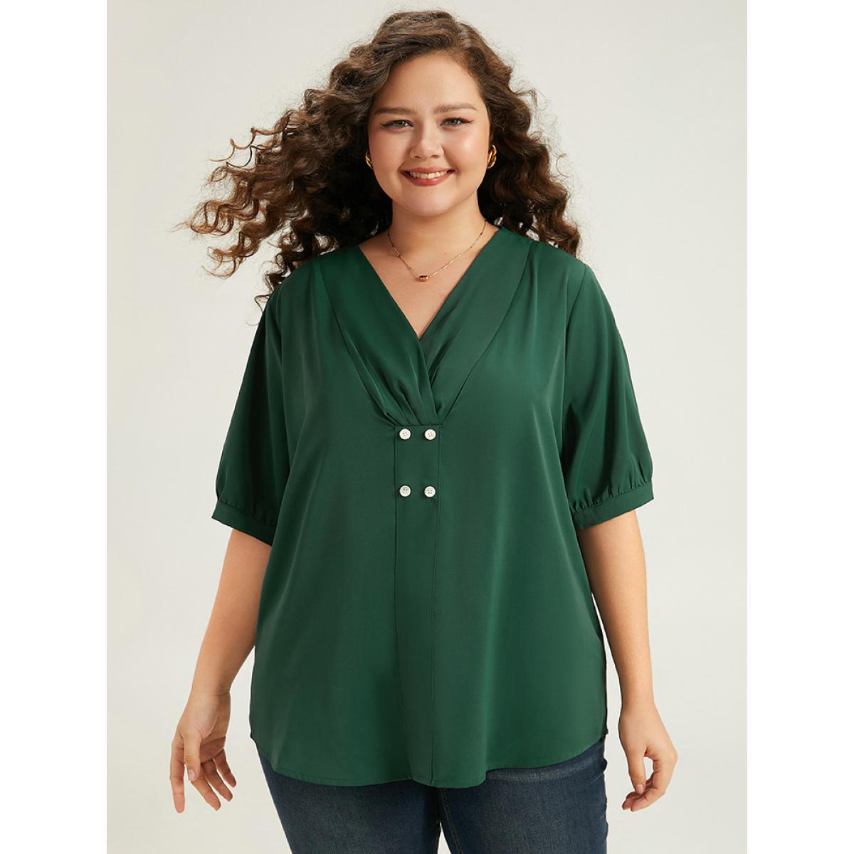 Plus Size DarkGreen Button Detail Plicated Detail Blouse Women Office Half Sleeve V-neck Work Blouses BloomChic 18-20/2X Product Image