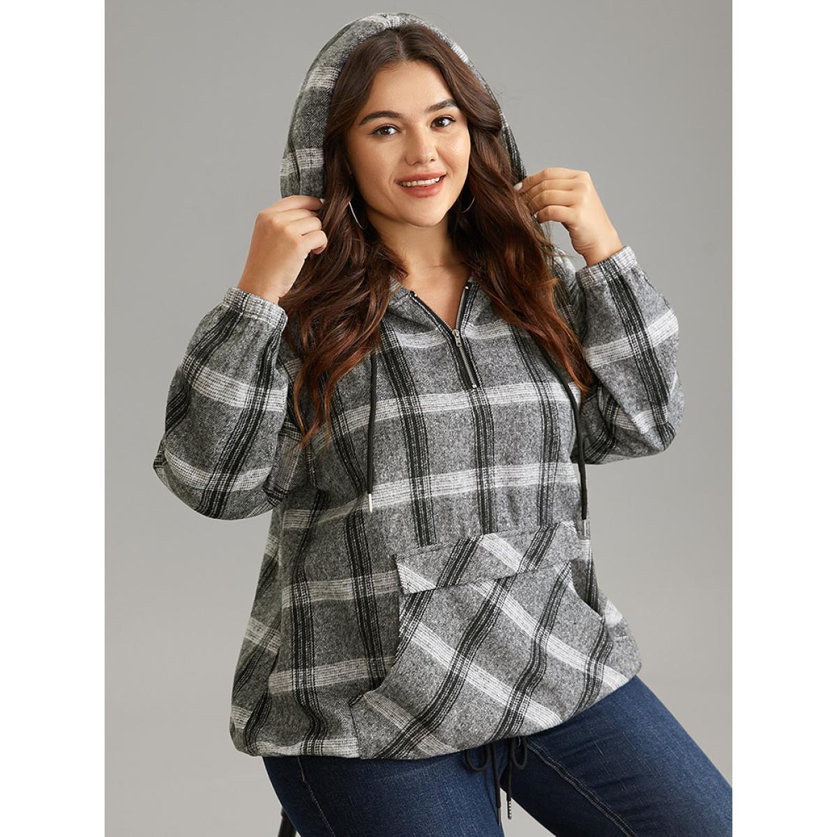 Plus Size Plaid Half Zip Pocket Hooded Sweatshirt Women DimGray Casual Elastic cuffs Hooded Everyday Sweatshirts BloomChic 28/5X Product Image