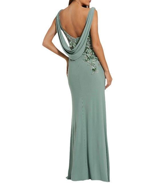 Mac Duggal Drape Neckk 3D Floral Applique Jersey Column Gown Product Image
