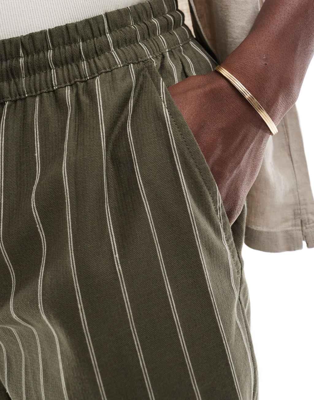 ONLY & SONS pull on linen mix shorts in olive stripe Product Image