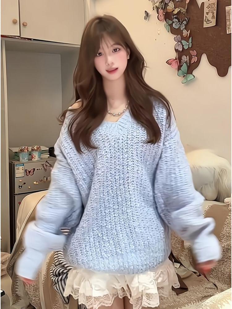 V-Neck Plain Chunky Knit Oversized Sweater Product Image