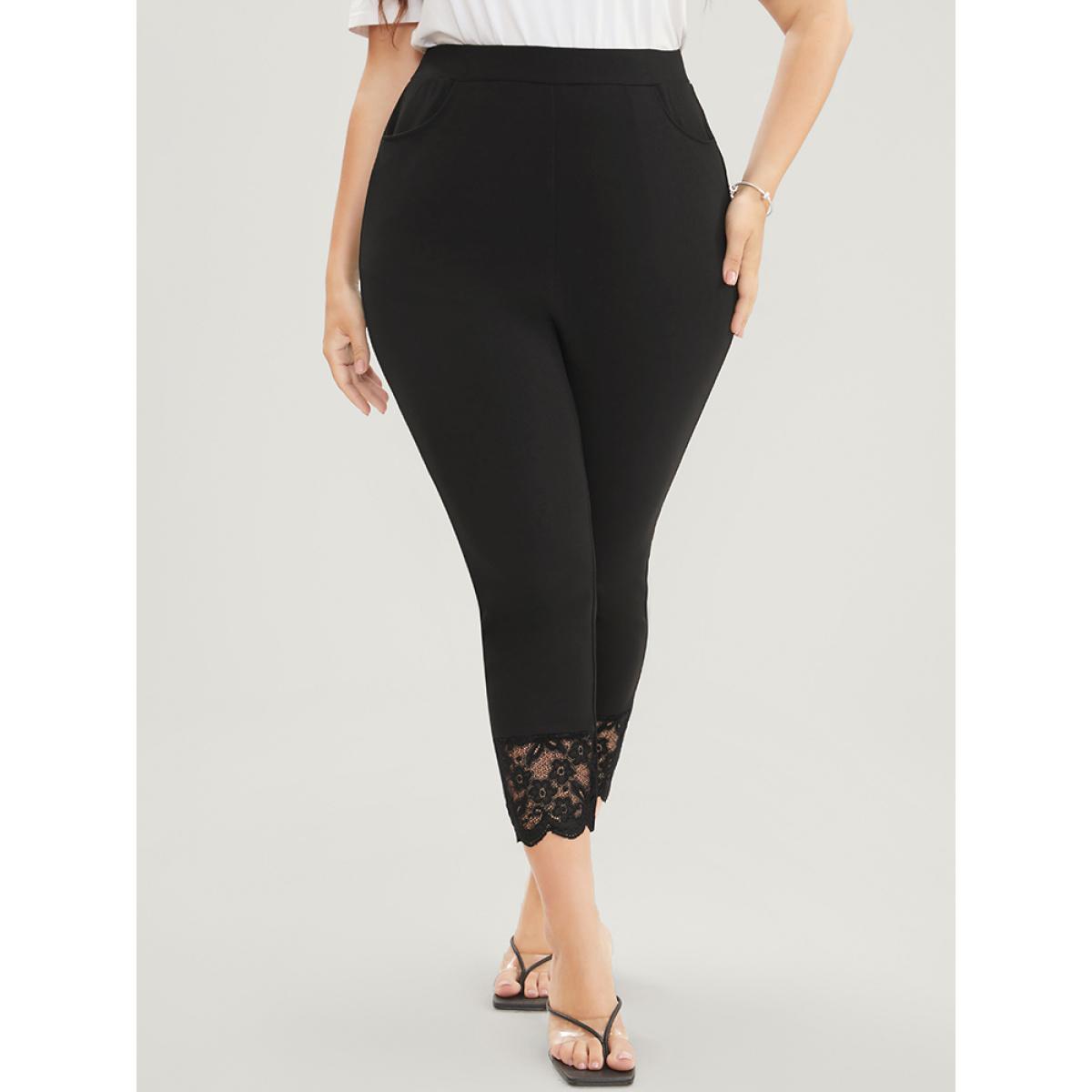 Plus Size Solid Scalloped Trim Elastic Waist Pocket Lace Hem Pants Women Black Elegant Bodycon High Rise Everyday Pants BloomChic 22-24/3X Product Image