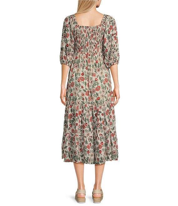 Angie Floral Print Sweetheart Neck 3/4 Sleeve Smocked Bodice Midi Dress Product Image