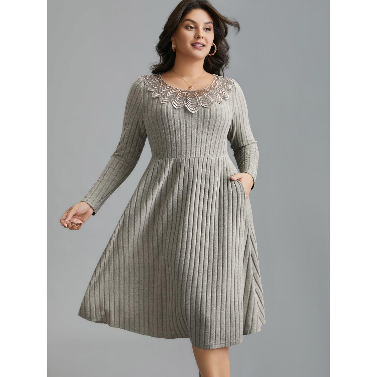 Plus Size Lace Neck Patchwork Ribbed Knit Dress LightGray Women Elegant Woven ribbon&lace trim Knit Dresses Bloomchic 14-16/1X Product Image