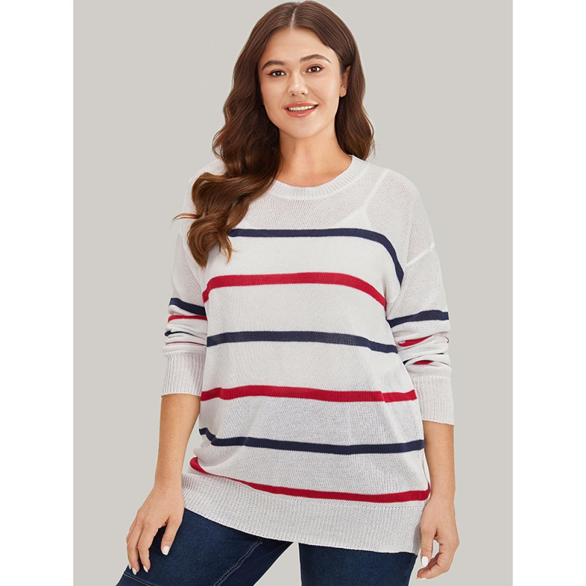 Plus Size Striped Contrast Drop Shoulder Pullover White Women Casual Bodycon Long Sleeve Round Neck Dailywear Pullovers BloomChic 30/6X Product Image