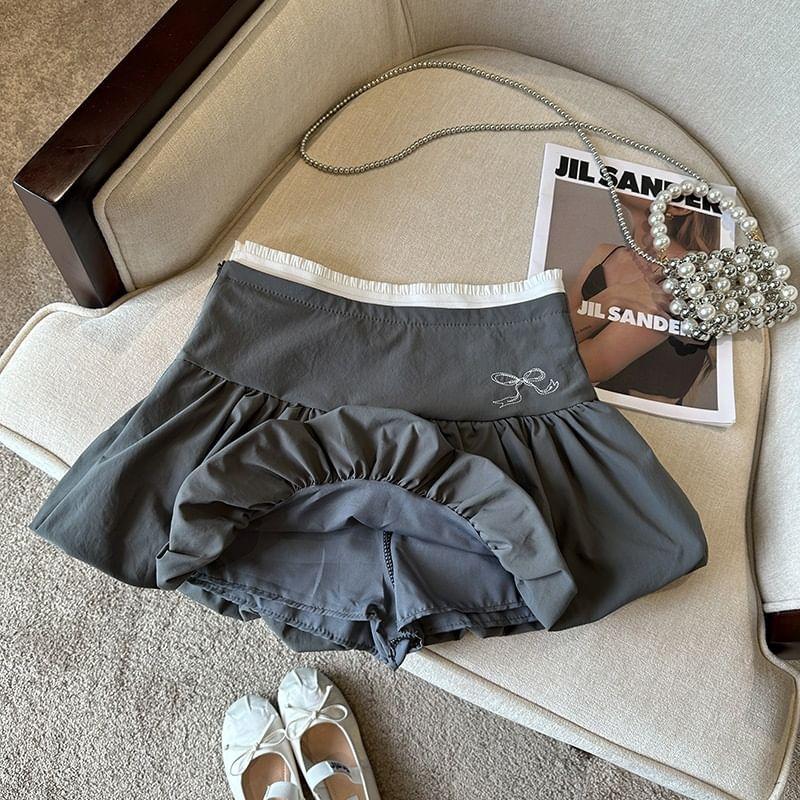 High Waist Mock Two-Piece Bow Embroidered Frill Trim Paperbag Mini Skirt Product Image