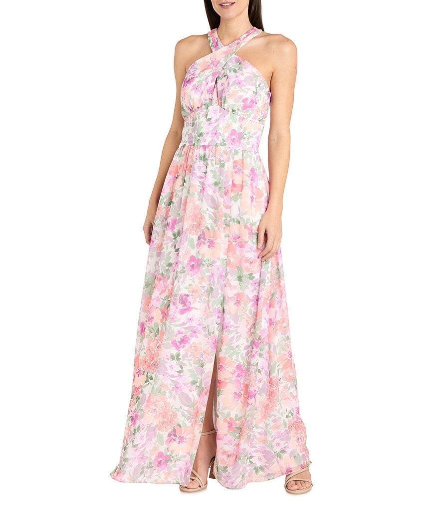 R & M Richards Petite Size Halter Neck Floral Print Chiffon Maxi Dress Product Image