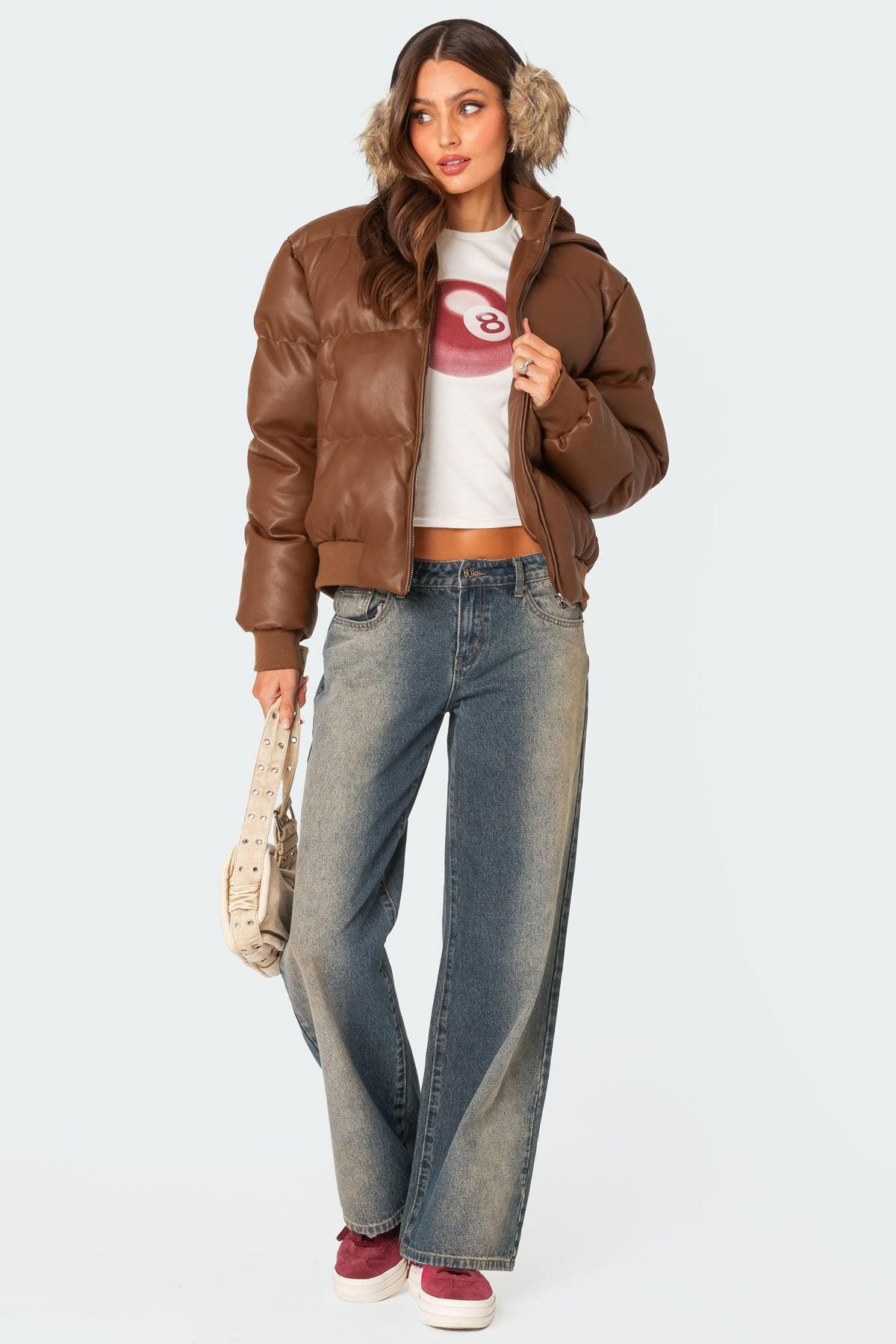 Wintry Faux Leather Hooded Puffer Product Image