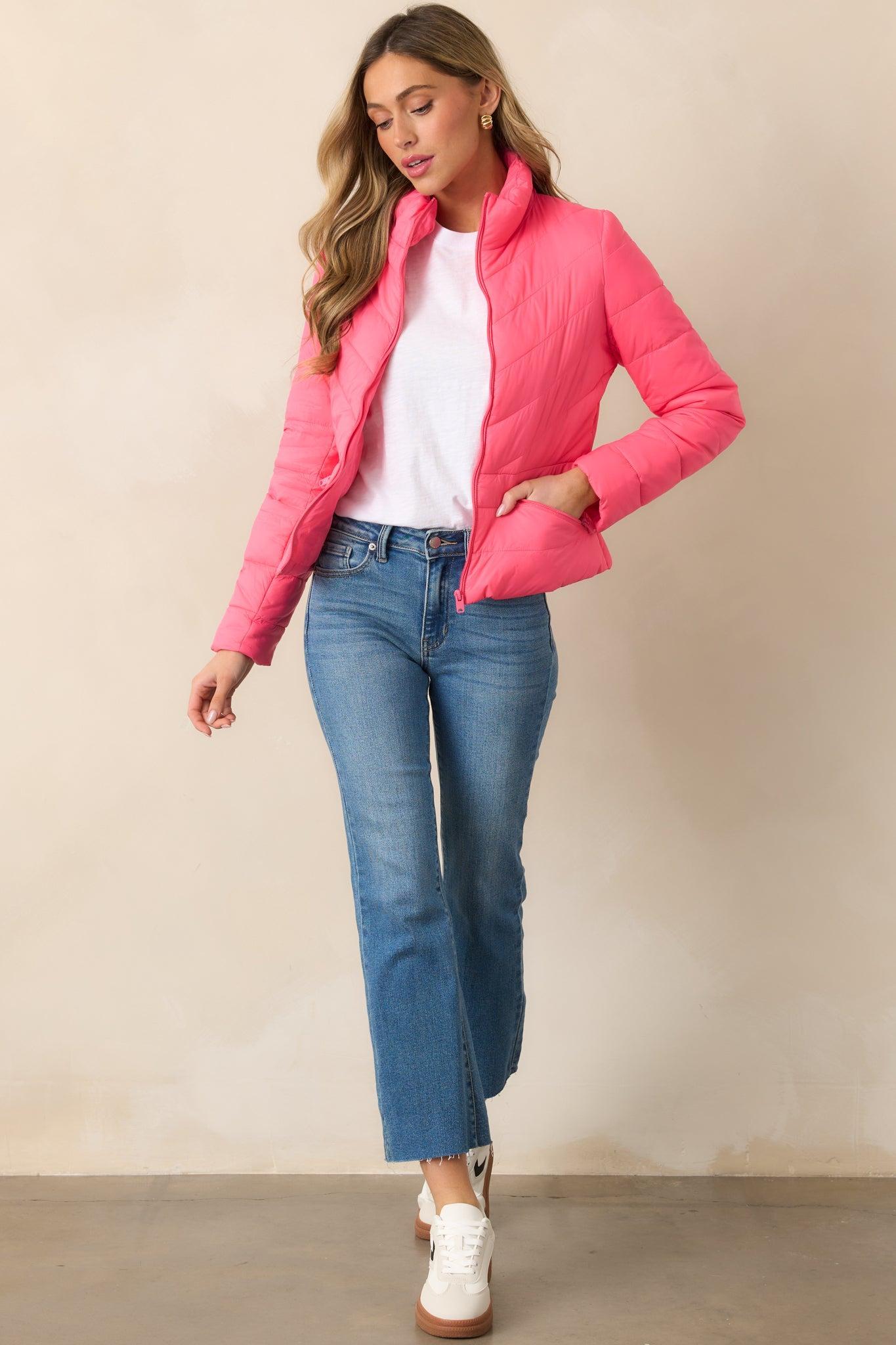 I Mean It Bright Pink Puffer Jacket Product Image