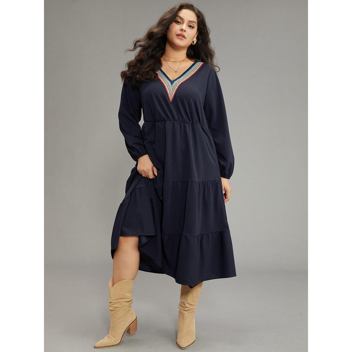 Plus Size Plain Contrast Webbing Elastic Waist Dress Midnight Women Casual Elastic cuffs V-neck Long Sleeve Curvy Midi Dress BloomChic 12/L Product Image