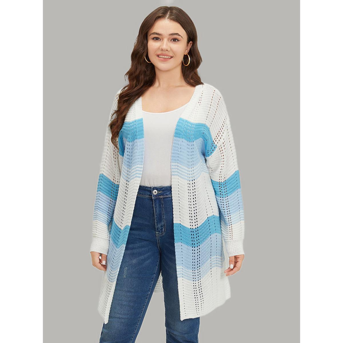 Plus Size Ombre Geo Eyelet Tunic Open Front Elastic Cuffs Cardigan Blue Women Casual Loose Long Sleeve Dailywear Cardigans BloomChic 10/M Product Image