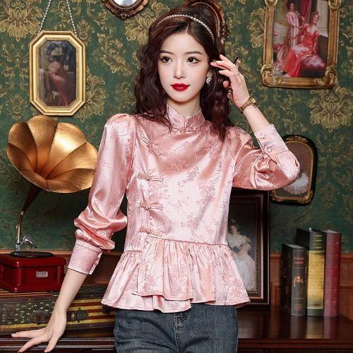 Puff-Sleeve High Neck Floral Jacquard Frog Buttoned Blouse Product Image