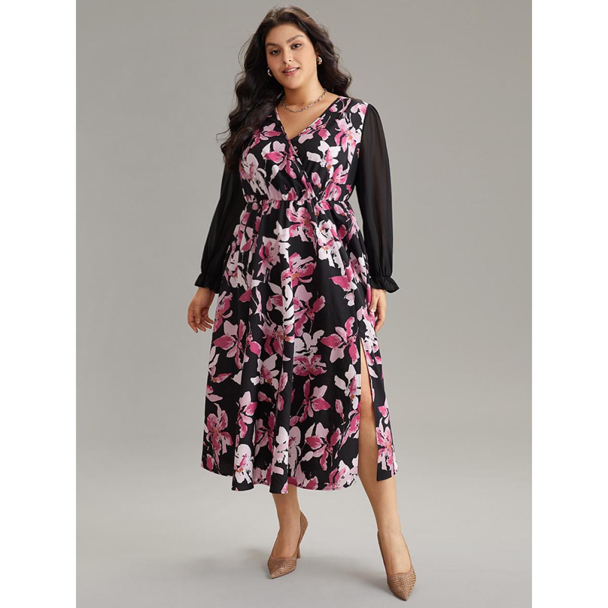 Plus Size Floral Contrast Wrap Chiffon Split Side Dress Black Women Office Wrap Overlap Collar Long Sleeve Curvy Midi Dress BloomChic 14-16/1X Product Image