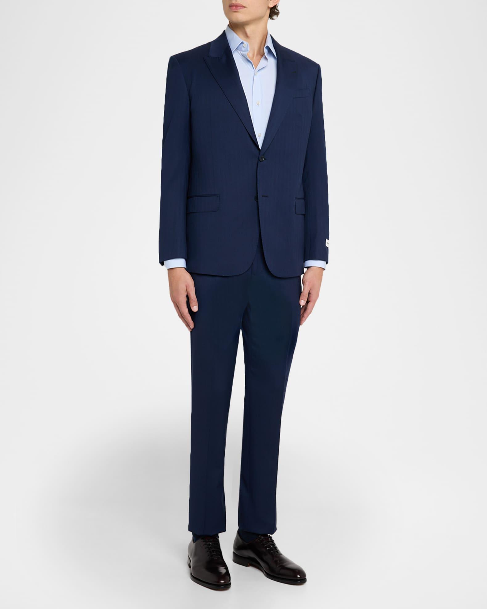 Men's 130s Wool Micro-Herringbone Peak Lapel G Line Suit Product Image
