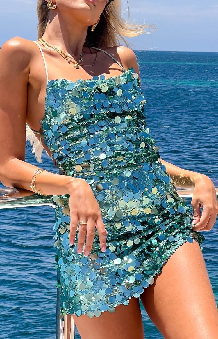 Come And Get It Aqua Sequin Party Mini Dress Girls Product Image