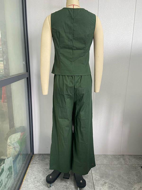 Plus Size Loose Solid Color Split-Joint V-Neck Vest + Elasticity Pants Two Pieces Set Product Image