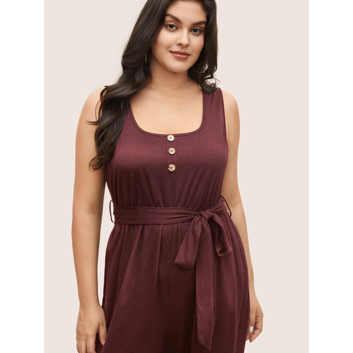 Plus Size Rust Supersoft Essentials Plain Button Detail Belted Jumpsuit Women Casual Sleeveless Non Everyday Loose Jumpsuits BloomChic 18-20/2X Product Image