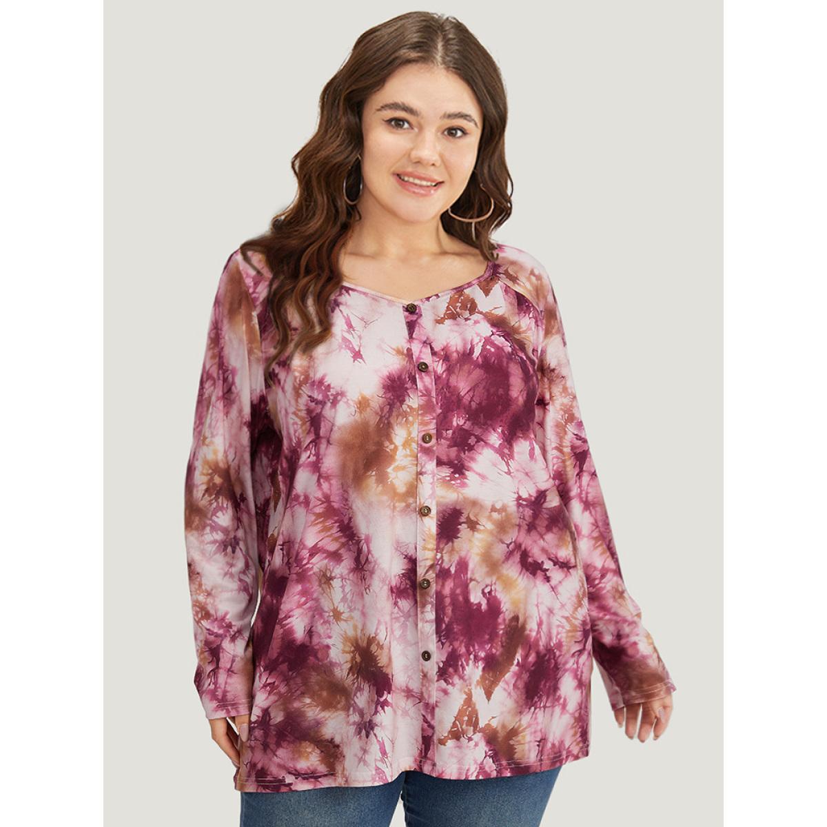 Plus Size Tie Dye Button Detail Round Neck T-shirt Multicolor Women Casual Tie Dye Tie Dye Round Neck Dailywear T-shirts BloomChic 14-16/1X Product Image