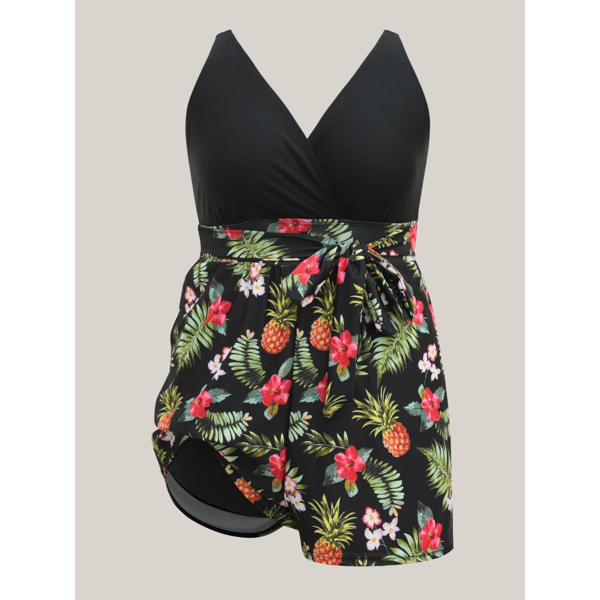 Plus Size Tropical Floral Pockets One-Piece Swimsuit Women's Swimwear Black Beach Tie knot Curve Bathing Suits High stretch One Pieces BloomChic 10/M Product Image