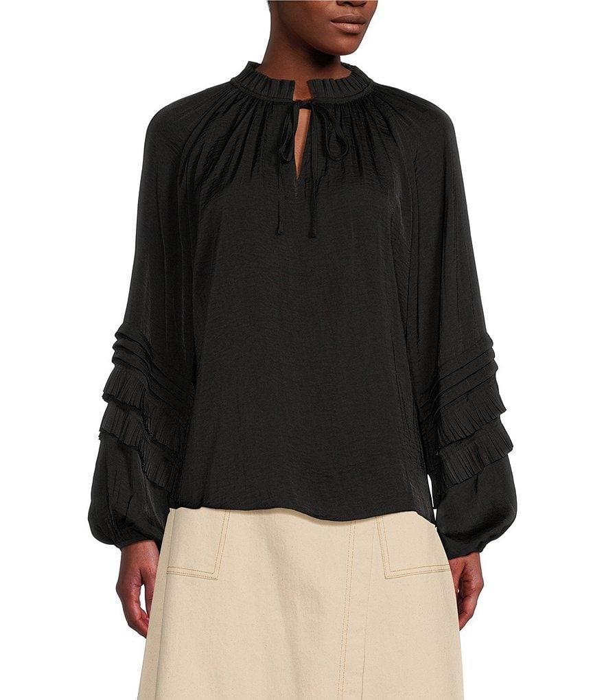 Gibson & Latimer Moonshadow Satin Tie Front Split Round Neck Long Peasant Ruffled Sleeve Woven Top Product Image