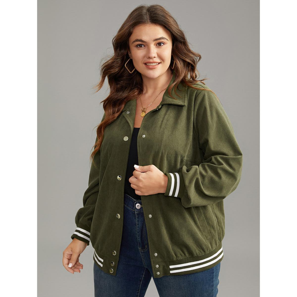 Plus Size Corduroy Striped Trim Button Up Jacket Women ArmyGreen Elastic cuffs Pocket Dailywear Jackets BloomChic 28/5X Product Image