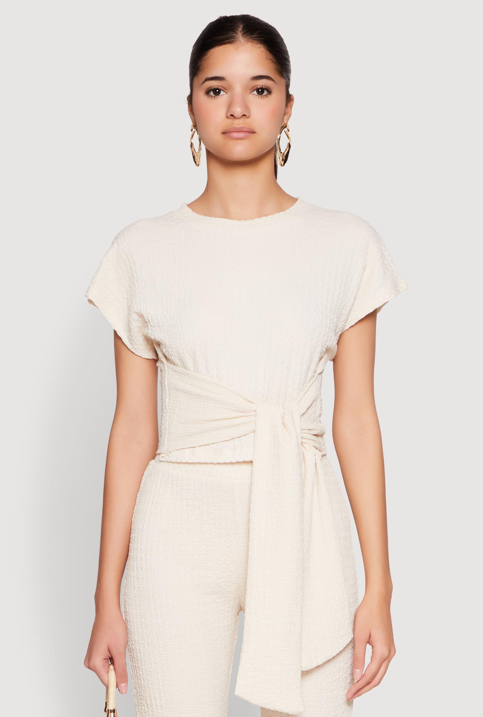 Womens Tie Front Textured Knit Top Product Image