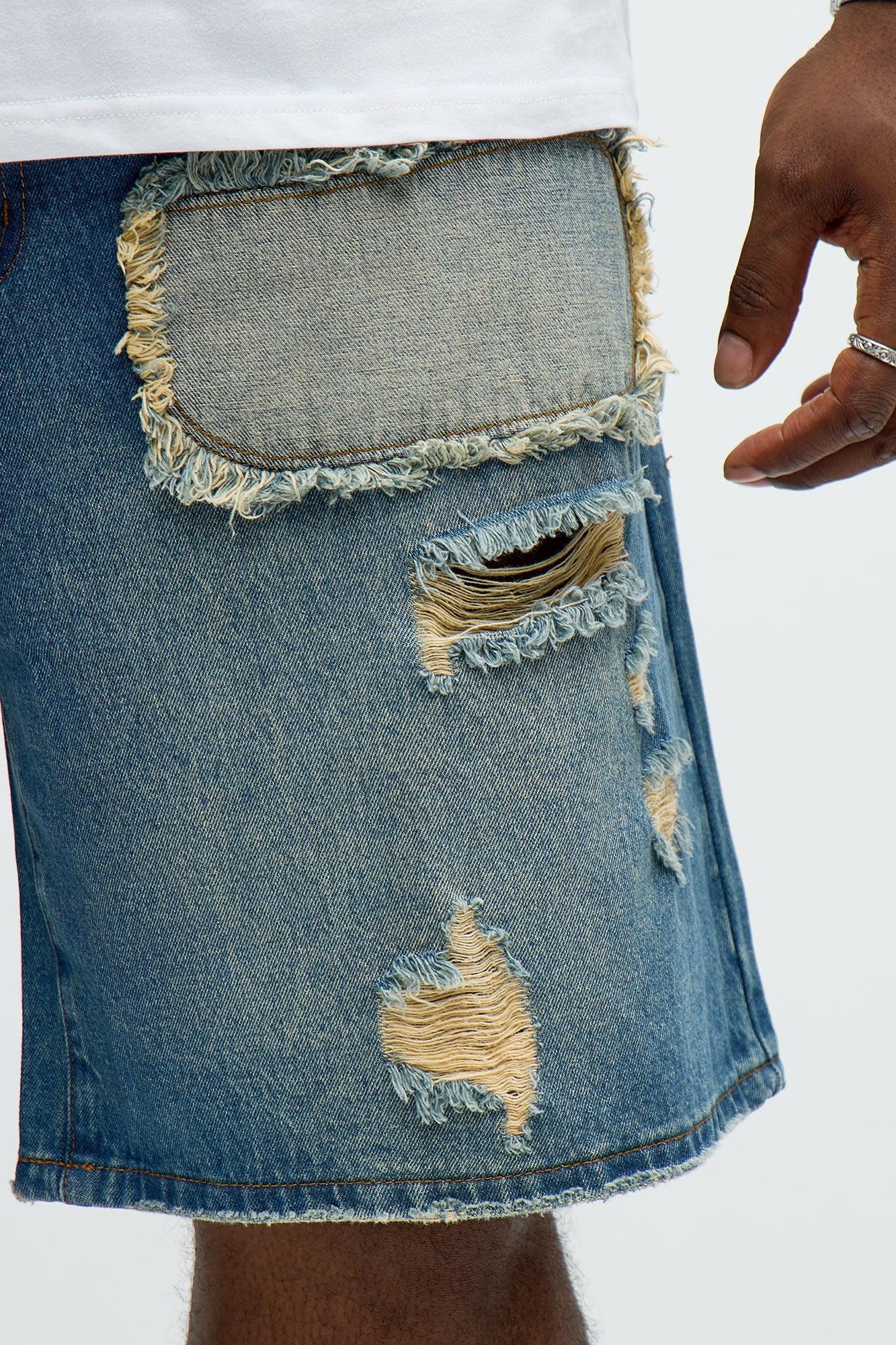 Relaxed Patches With Fray Distressed Denim Shorts - Vintage Blue Wash Product Image