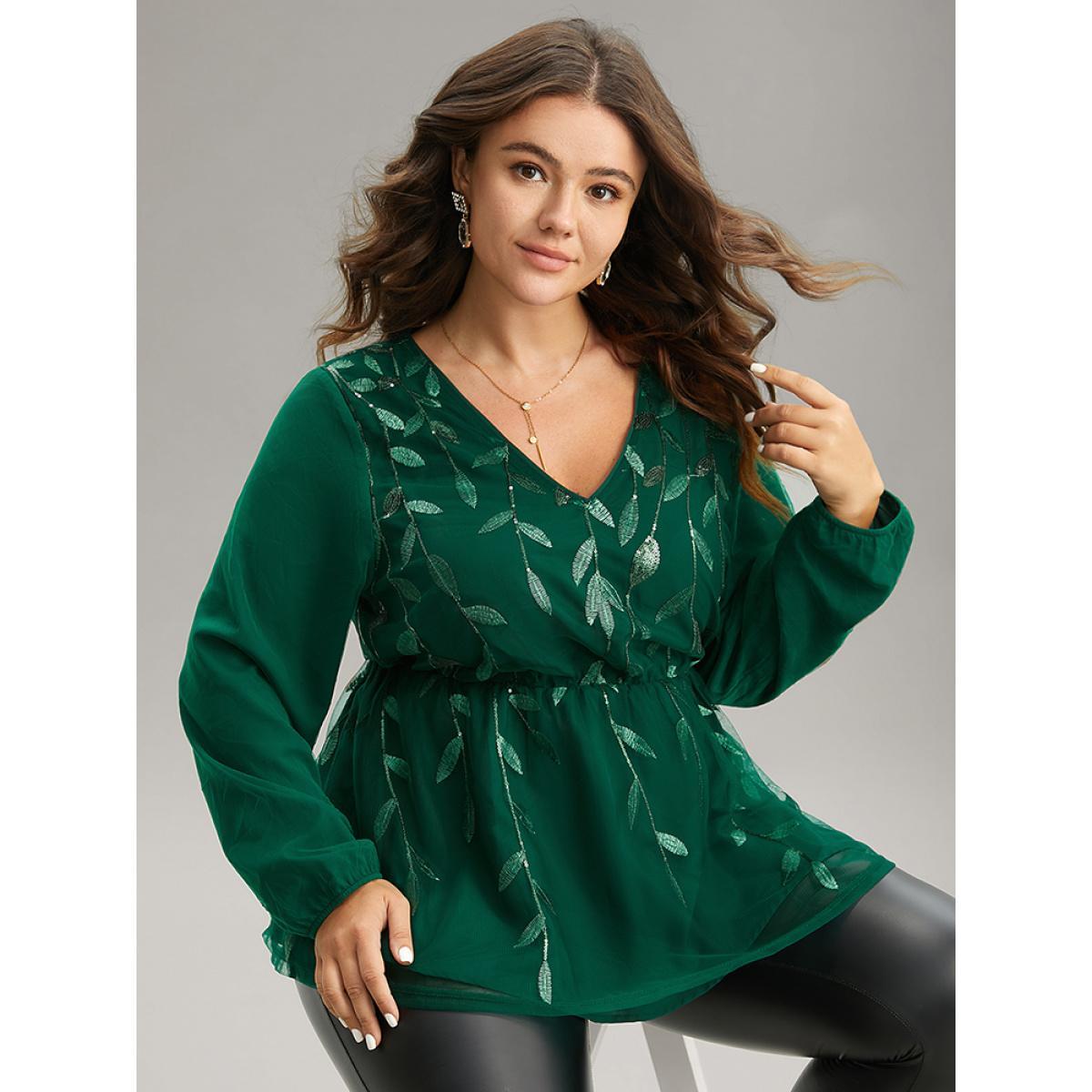 Plus Size Green Leaves Embroidered Sequin Tiered Mesh Blouse Women Glamour Long Sleeve V-neck Party Blouses BloomChic 12/L Product Image