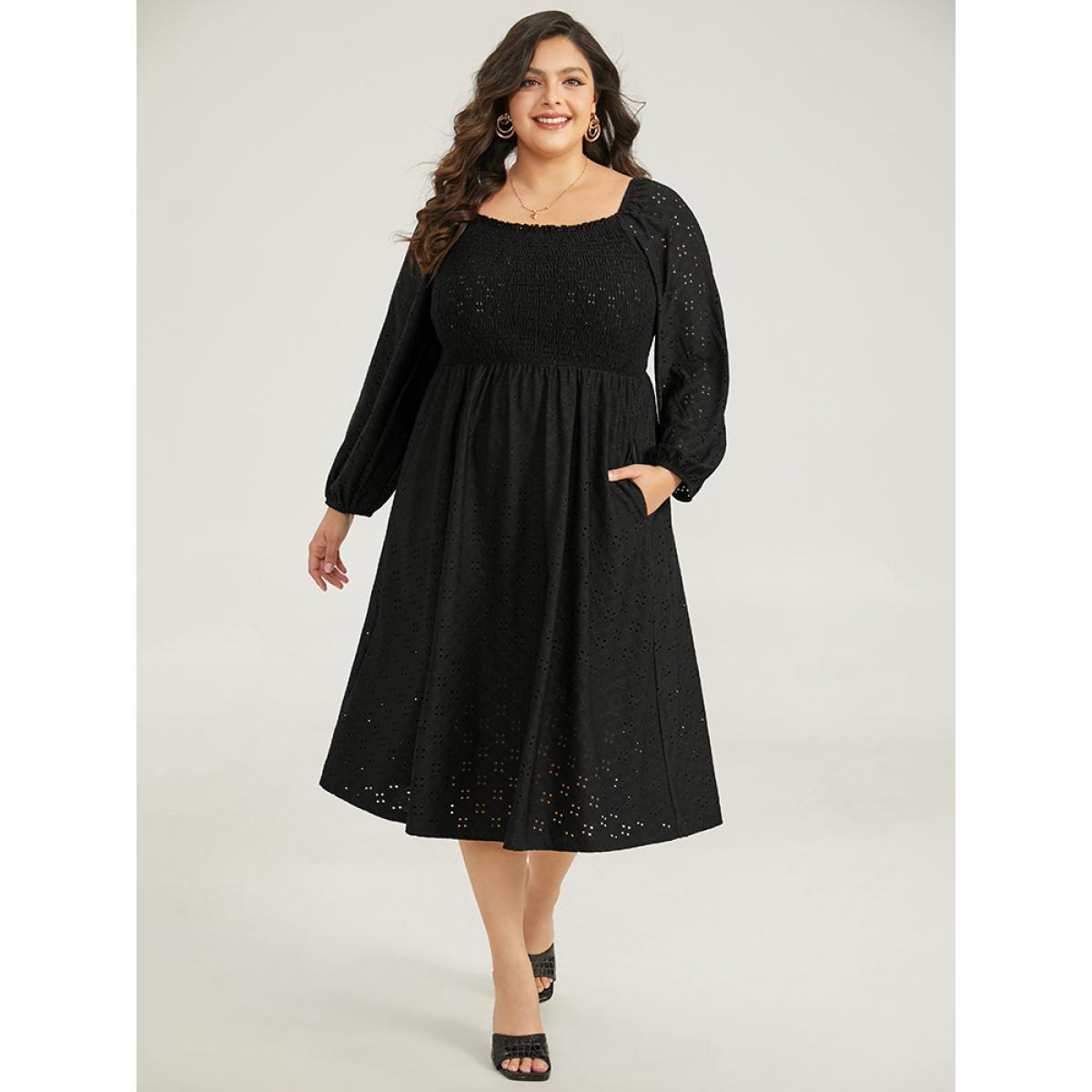 Plus Size Plain Square Neck Laser Cut Lantern Sleeve Dress Black Women Elegant Elastic cuffs Square Neck Long Sleeve Curvy Midi Dress BloomChic 18-20/2X Product Image