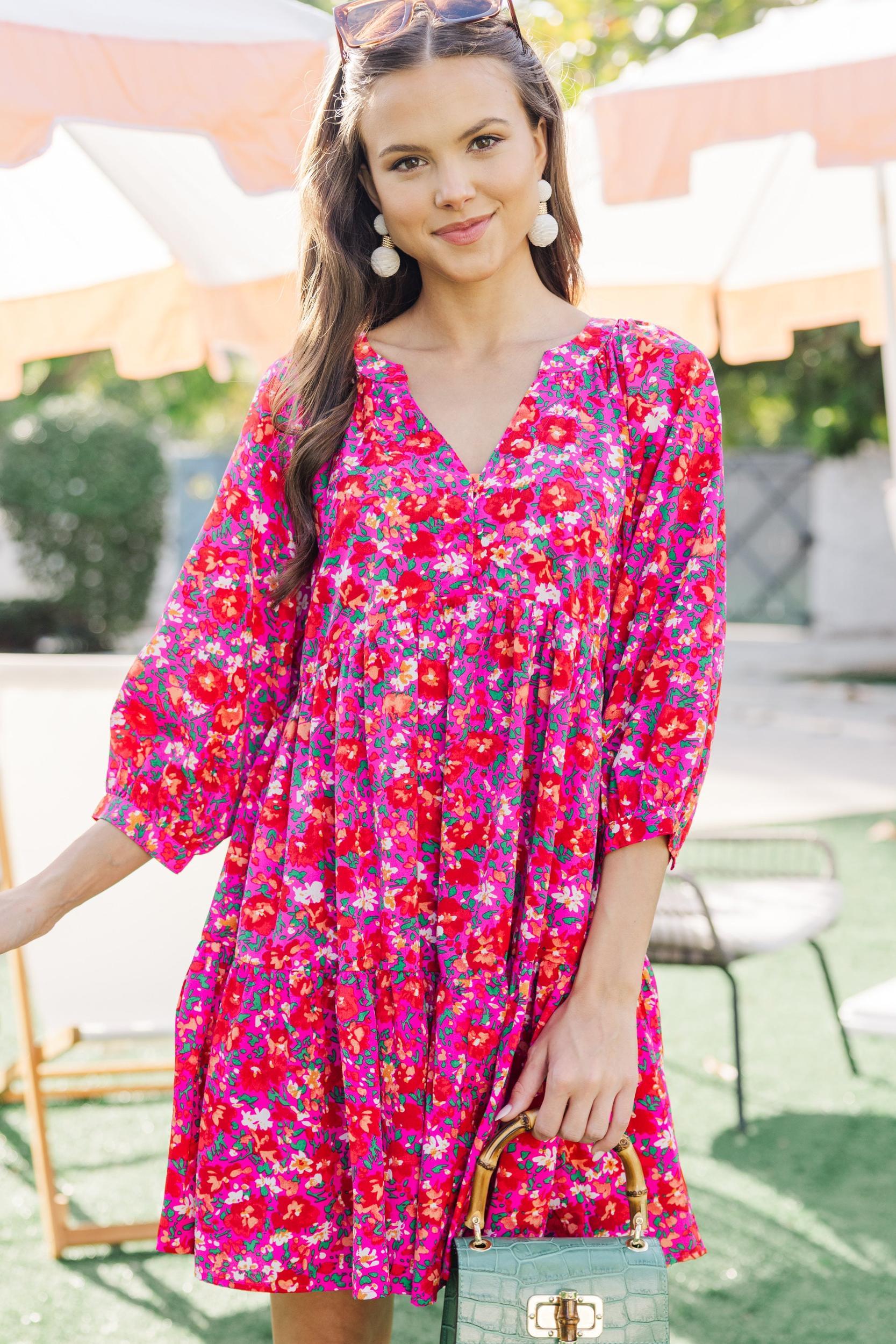 Can't Be Outdone Fuchsia Pink Ditsy Floral Babydoll Dress Female Product Image