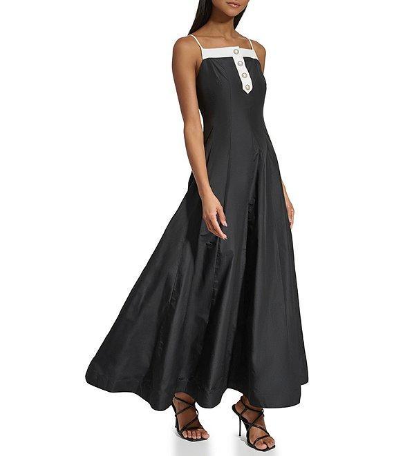 KARL LAGERFELD PARIS Taffeta Square Neck Sleeveless Pearl Button Gown Product Image