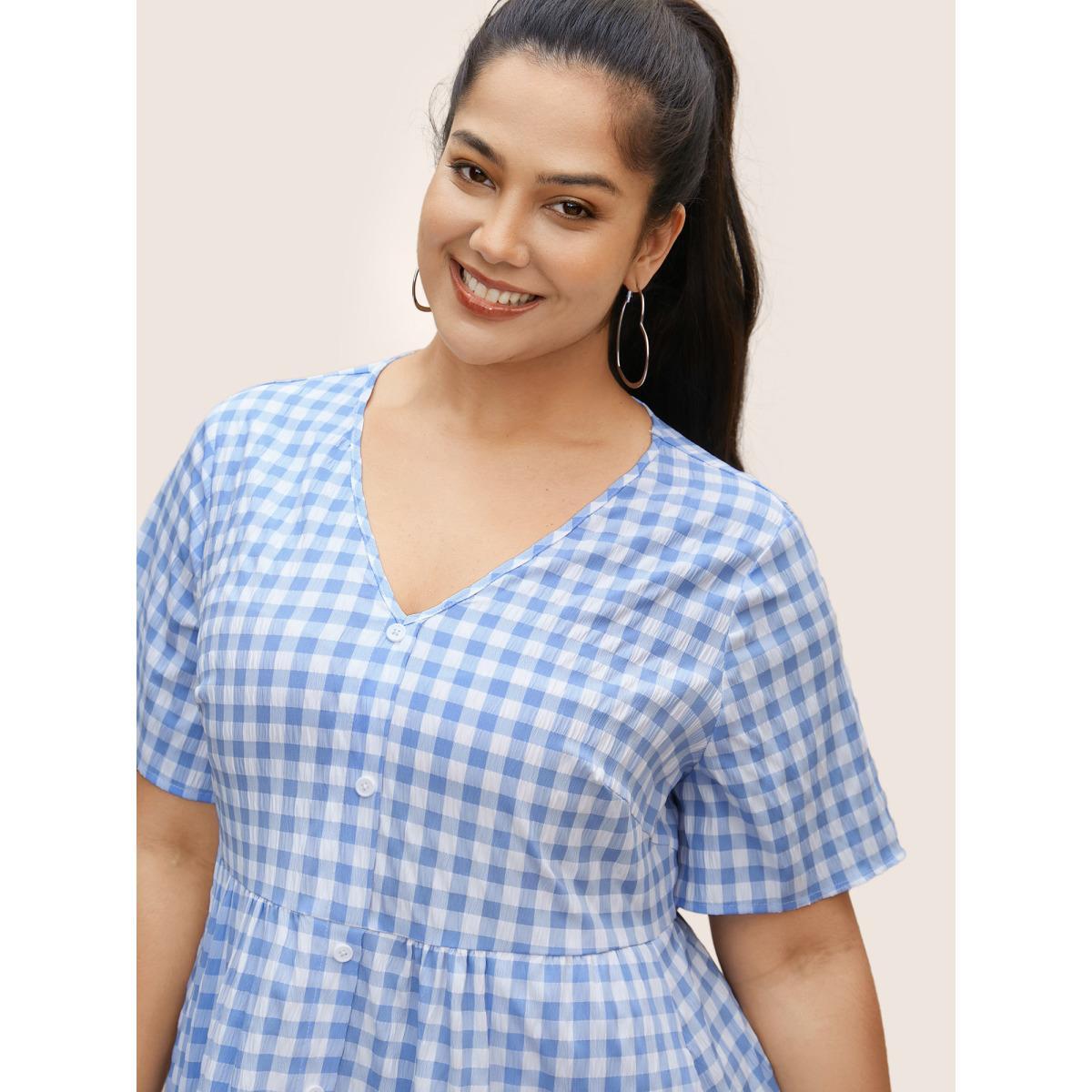 Plus Size Gingham Button Detail Ruffle Layered Hem Dress LightBlue Women Casual Button V-neck Short sleeve Curvy BloomChic 12/L Product Image