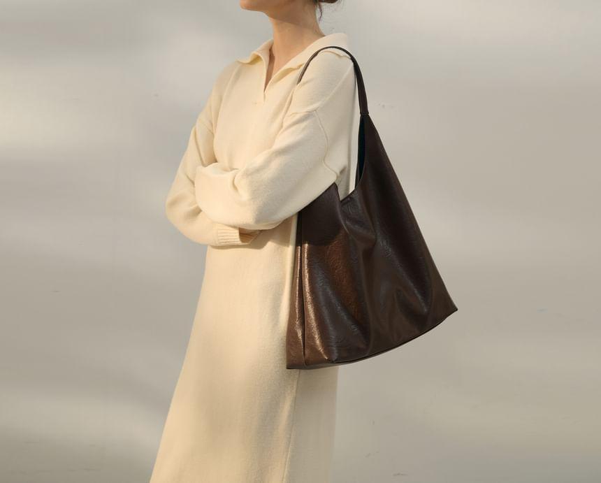 Long Sleeve Collared V-Neck Plain Midi Sweater Dress Product Image