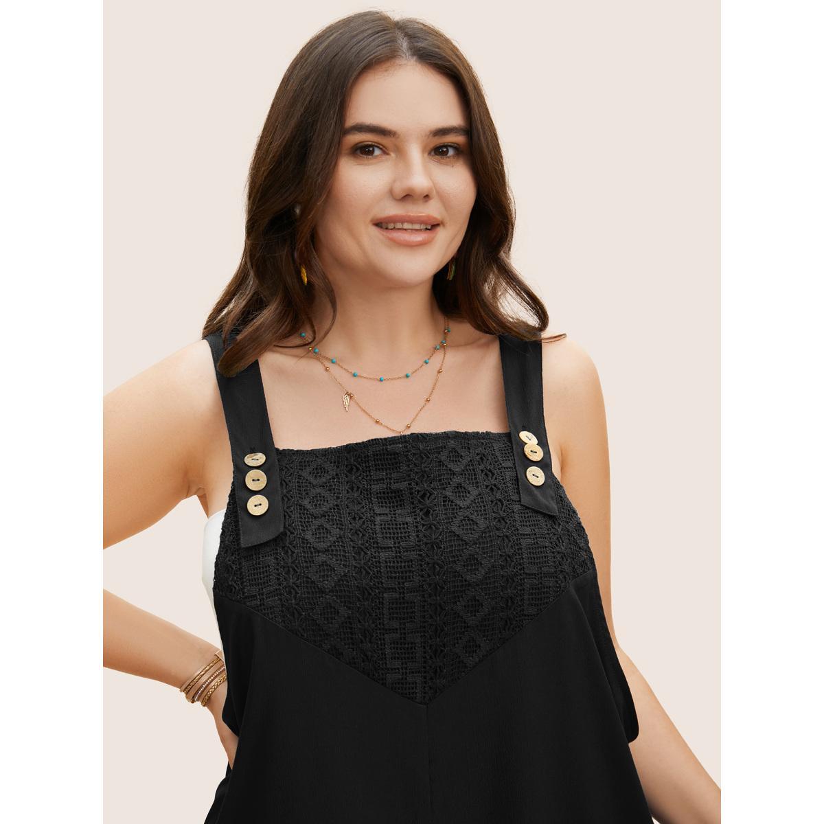 Plus Size Black Pointelle Knit Patchwork Button Detail Loose Jumpsuit Women Casual Sleeveless Square Neck Everyday Loose Jumpsuits BloomChic 10/M Product Image