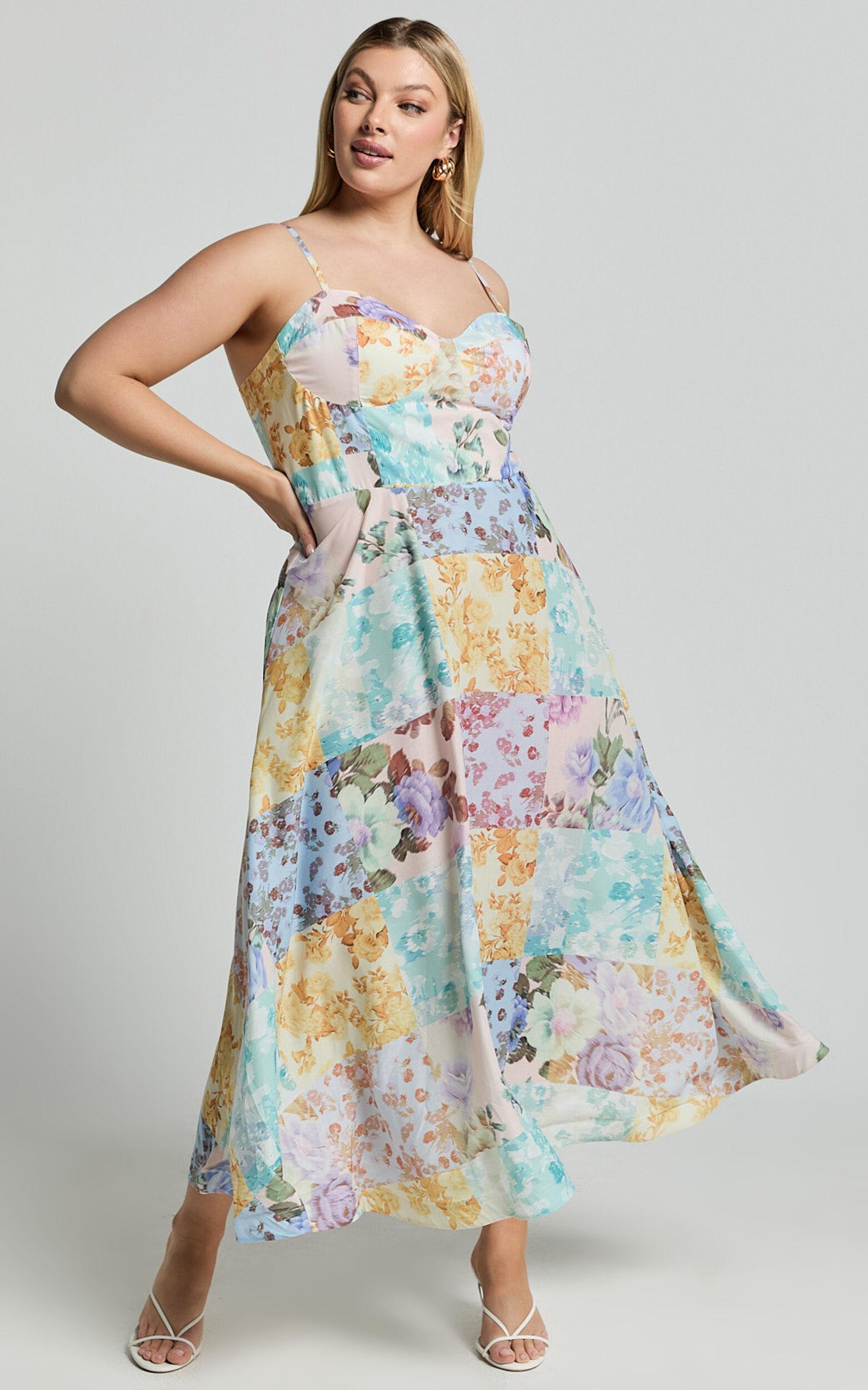 Robertson Midi Dress - Strappy Sweetheart Bustier Flare Dress in Vintage Floral Product Image
