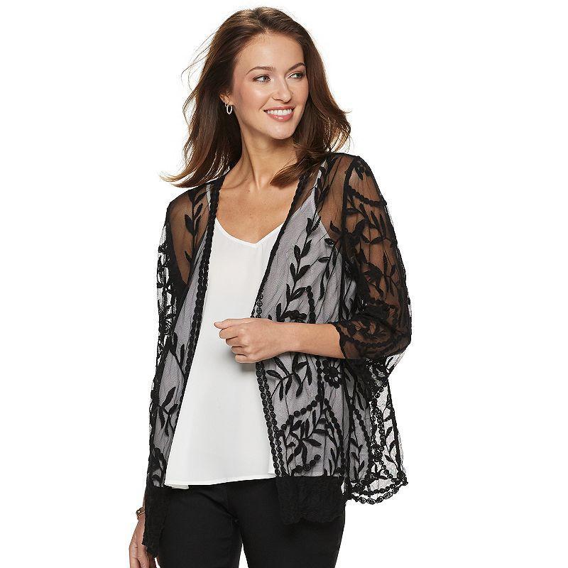 Women's Nina Leonard Floral Embroidered Mesh Long Bolero, Size: XL, White Product Image
