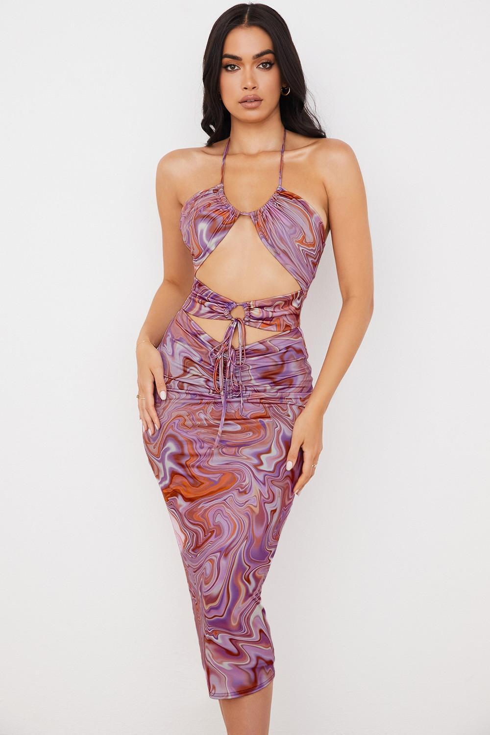 Kasia Purple Swirl Cutout Midi Dress Product Image