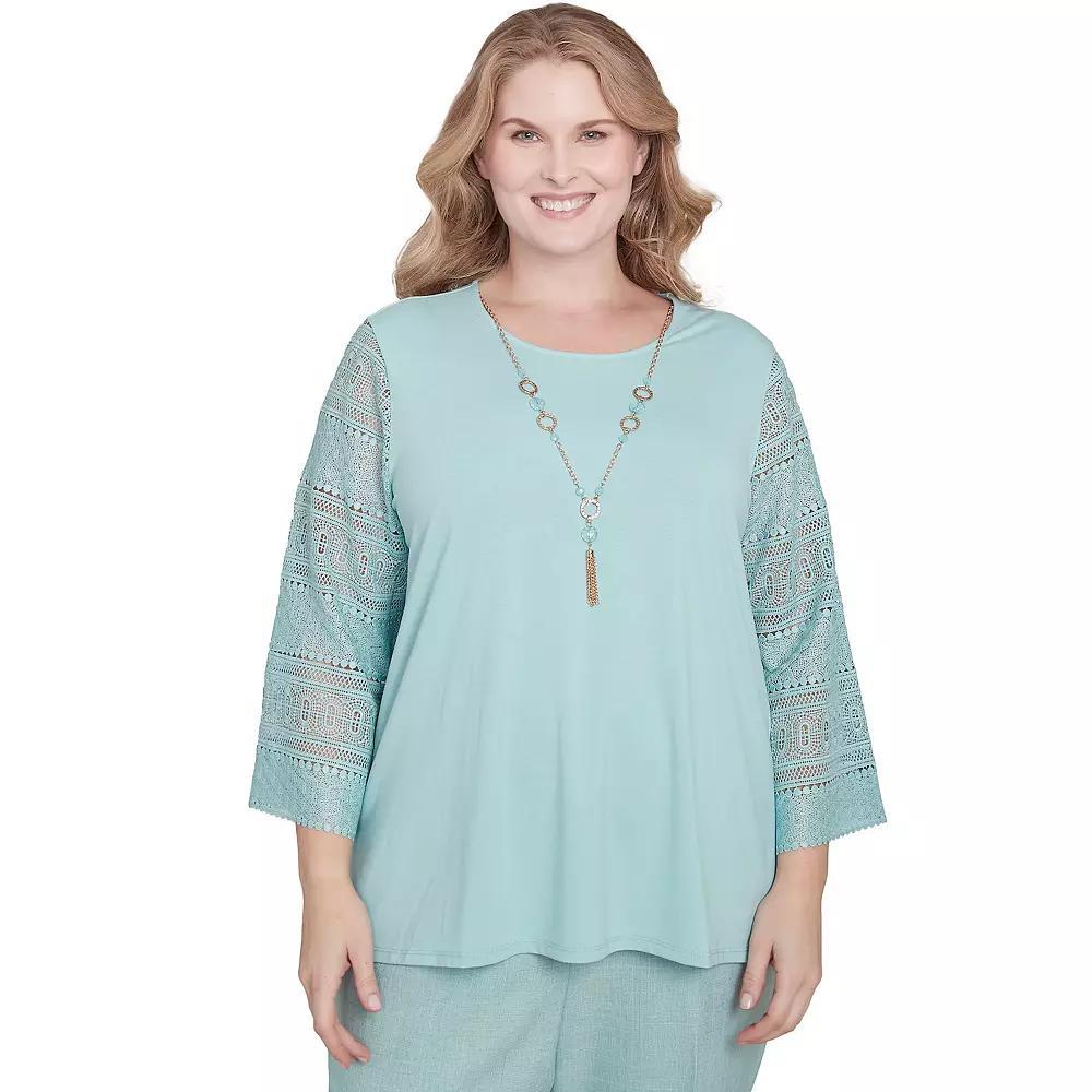 Plus Size Alfred Dunner Solid Lace Sleeve Knit Top with Necklace, Women's, Size: 2XL, Green Product Image