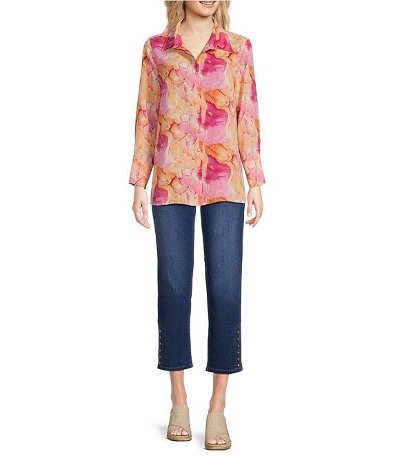 Calessa Petite Size Desert Floral Print Point Collar Long Sleeve Button Front Shirt Product Image