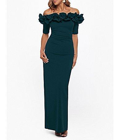 Xscape Petite Size Ruffled Off-the-Shoulder Short Sleeve Crepe Sheath Gown Product Image